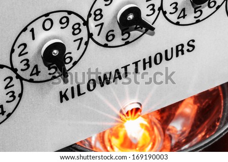 Kilowatt hour electric meter register dials with light bulb shining below