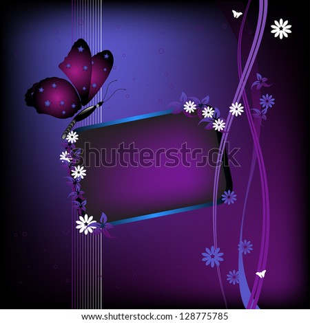 Abstract colorful spring design with small frame, flowers and butterfly, all in a dark purple color
