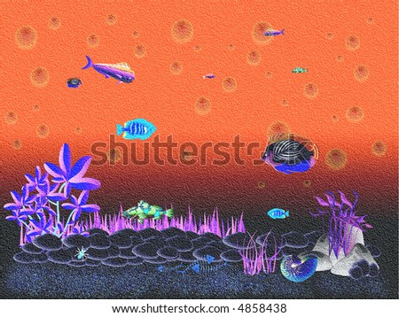 abstract wallpaper with colored fish, bubbles and underwater plants