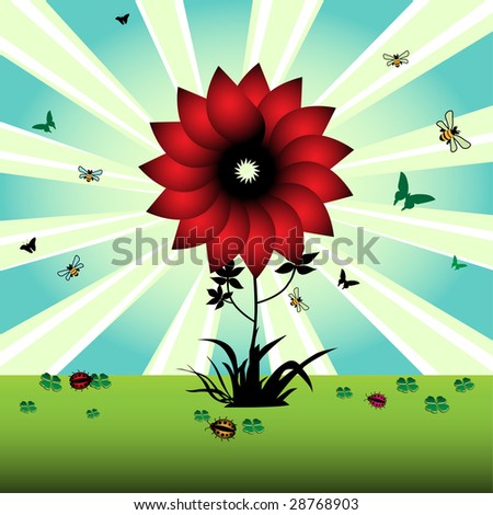 Colorful illustration with red flower, small butterflies, bees, ladybirds and green clovers