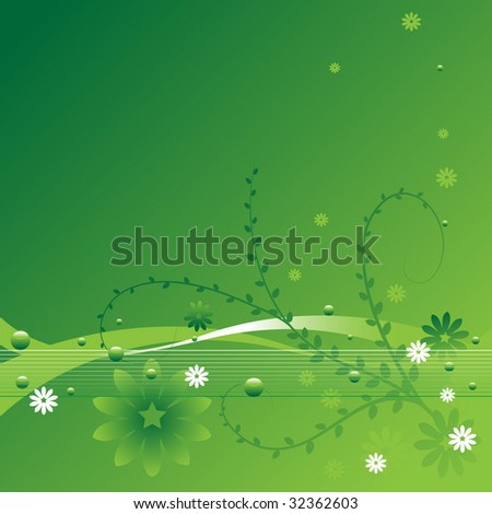 Abstract colorful illustration with green background, small flowers and plant shape with small leaves