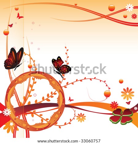 Abstract colorful illustration with butterflies, small flowers, clover shape and plant with small leaves