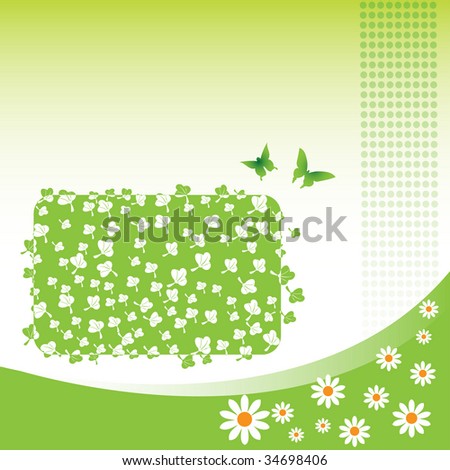 Colorful illustration with small butterflies green dots, small flowers and abstract rectangle made from leaves. Summer design concept