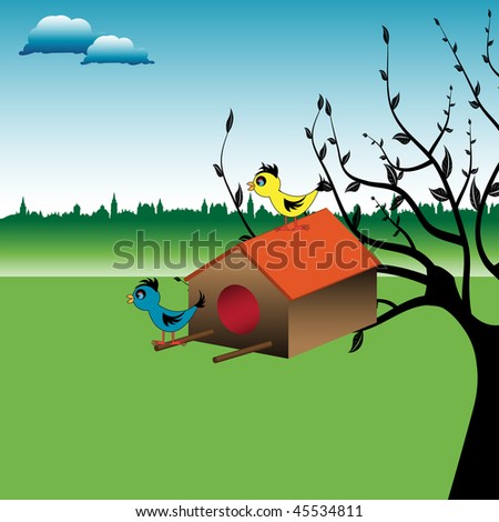 Abstract colorful illustration with two colored birds standing on a bird house from a tree