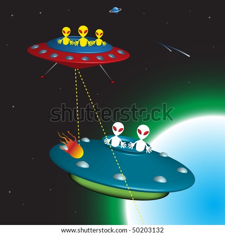alien spaceship in space. two enemy alien spaceships