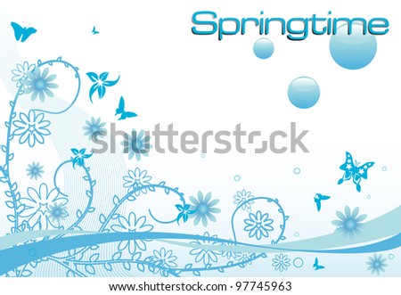 Abstract colorful design with blue flowers, small butterflies and blue bubbles. Spring theme