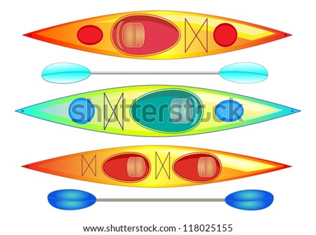 Kayaks and paddles- Three colorful kayaks, including a tandem two-seater, and two sets of paddles for summer fun. All layers labeled for easy editing.
