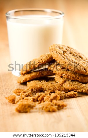 Cookies - This is a photo of a pile of oatmeal cookies with crumbs on a wooden cutting board. Shot with a shallow depth of field.