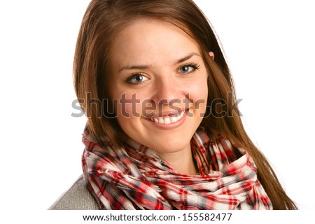 Beautiful Young Woman - This is a shot of a beautiful young woman wearing a plaid scarf and blazer shot on a white background.