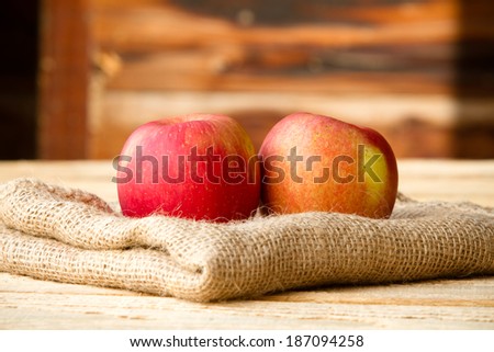 Apples - This is a shot of two apples sitting on burlap against a worn, wooden background. Shot with soft light and a shallow depth of field.