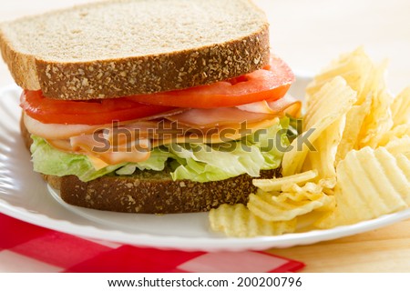 Turkey Sandwich - This is a shot of a delicious turkey sandwich, chips and an apple sitting on a wooden table. Shot with a shallow depth of field.
