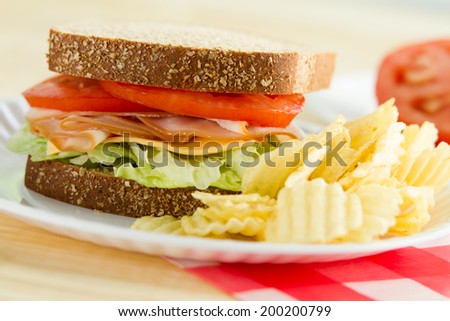 Turkey Sandwich - This is a shot of a delicious turkey sandwich, chips and an apple sitting on a wooden table. Shot with a shallow depth of field.