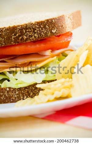 Turkey Sandwich - This is a shot of a delicious turkey sandwich and chips sitting on a wooden table. Shot with a shallow depth of field.