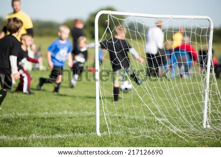 Youth Soccer - This is a shot of a youth soccer team and their coaches playing a game. Shot with a shallow depth of field with the focus set on the goal.