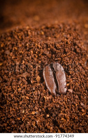 Coffee Bean / This is a close up shot of a roasted coffee bean setting in a pile of coffee ground. Shot with a shallow depth of field.