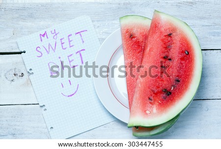 a plate of fresh ripe watermelon slices and a piece of paper with the words 