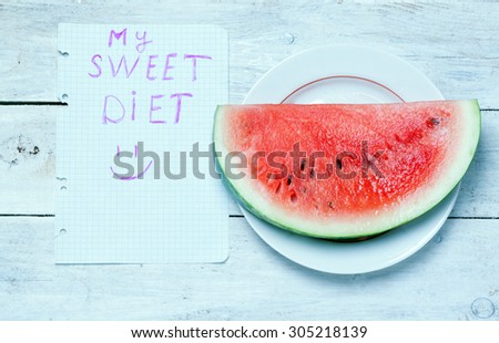slice of ripe watermelon lying on a plate next to a sheet of paper is labeled 