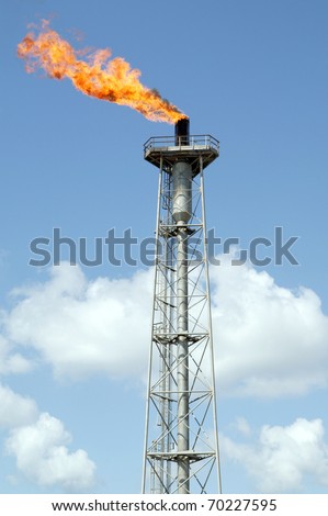 Gas flaring at a refinery. Burning gas flare on the tower - the industry on natural gas production.