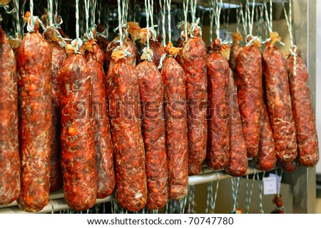 Spanish ham cellar. Spanish sausages