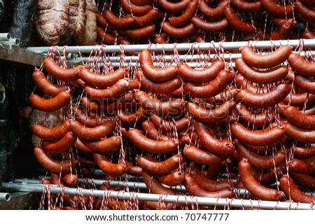 Spanish ham cellar. Spanish sausages