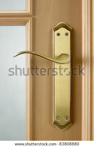 Door knob on the wooden door. Close up