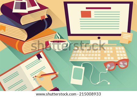 Flat design objects work desk office desk books computer and stationery Flat design objects work desk office desk books computer and stationery