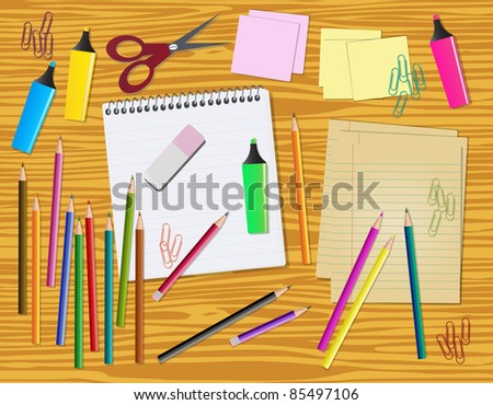 Work desk, back to items, with stationery, raster