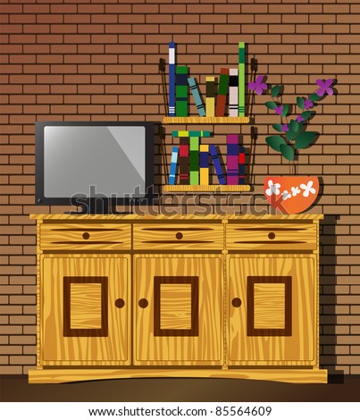 Living room with dresser, TV, bookshelf and flowers, raster
