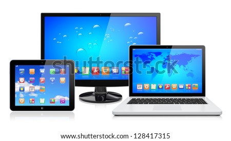 Computer monitor, laptop and tablet pc with a blue background and colorful apps on a screen. Isolated on a white. 3d image - stock photo