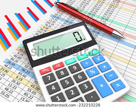 The calculator and pen lies on finance balance tables and graph chart data. A business planning, analyzing and accounting concept