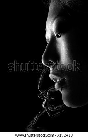 Asian beauty with spider crawling on face
