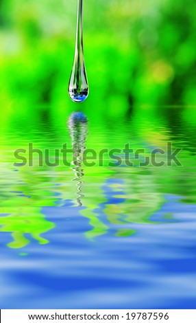 House and gardens seen through large drop of water