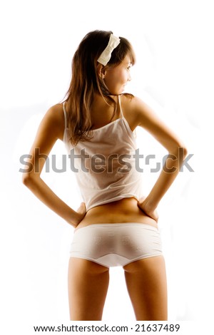 stock photo Thin model in wet see through underwear on white background