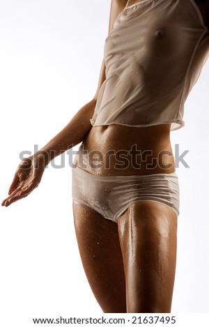 stock photo Thin model in wet see through underwear on white background