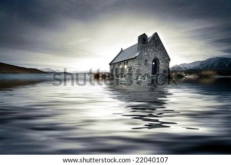 Small church in New Zealand engulfed in a flooded lake