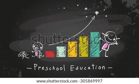 Preschool kids education growing chart, graph. Chalk on blackboard doodle style education, learning concept vector illustration.