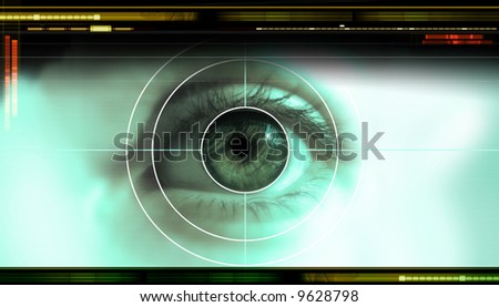 high-tech technology background with targeted eye on computer display