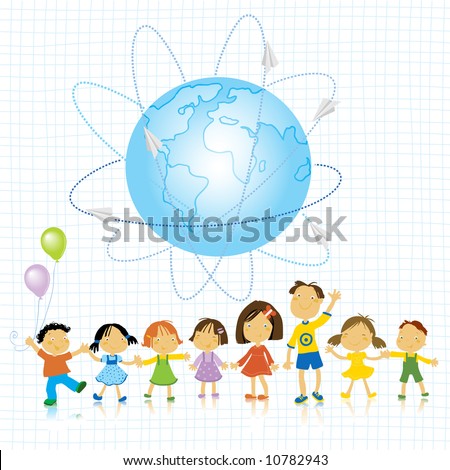 happy kids playing and planet earth vector illustration happy kids playing and planet earth vector illustration