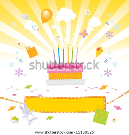 stock vector : kids birthday party vector illustration with birthday-cake, 