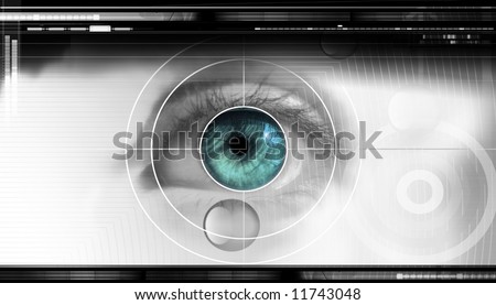 high-tech technology background with targeted eye on computer display for optical research