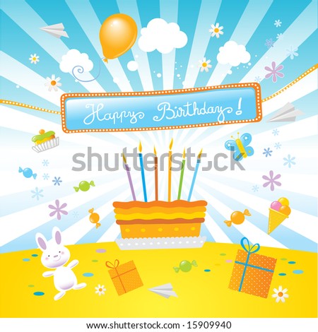 stock vector : birthday cake , surprise party and a nice "happy birthday!"