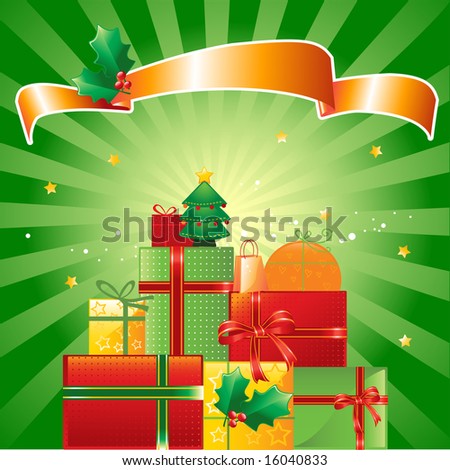 stock vector : stack of Christmas presents, banner and ornaments on shiny green background, vector illustration