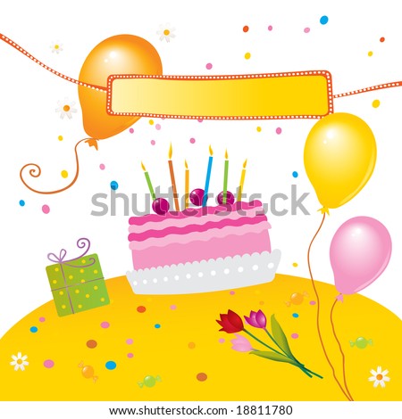 stock vector : kids birthday party cake, balloons and banner for "happy 