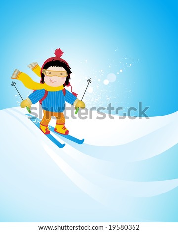 happy kid skiing on a slope, winter season sports vector illustration