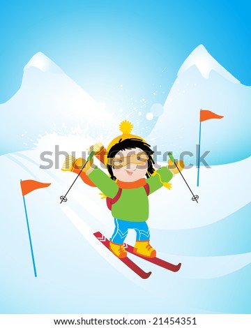 happy kid skiing on a slope, winter season sports vector illustration