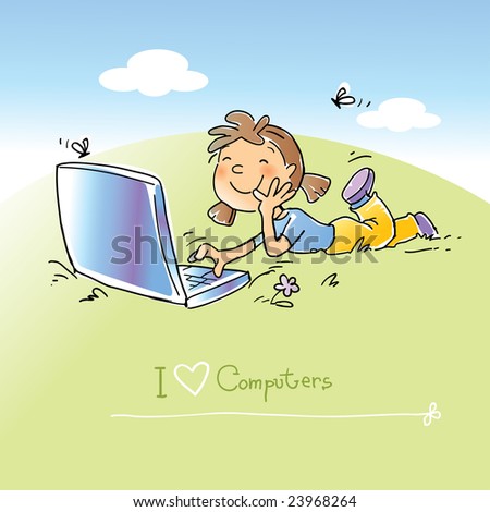 stock vector : vector cartoon funny girl sitting on grass with laptop 