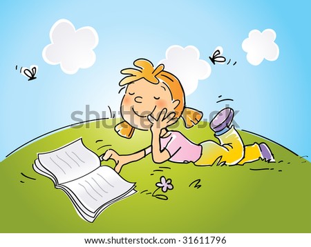 stock vector : girl sitting on grass reading a book, vector cartoon drawing