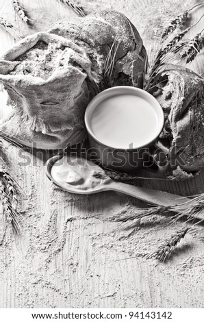 Vintage still life with milk and bread