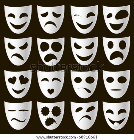 isolated classical white theatre masks on a black background expressing different emotions
