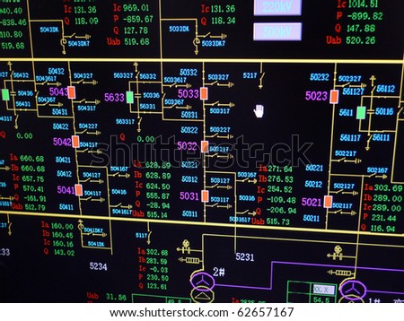 Simulation electric transformer substation on monitor. Electric supervisory control and data acquisition.